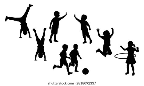 A collection of black silhouettes of children playing, running, doing handstands, and using a hula hoop, isolated on white background.