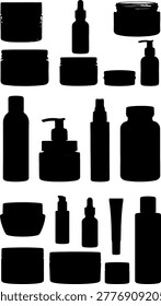 Collection of black silhouettes of cosmetic jars, bottles, and tubes