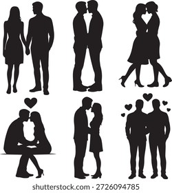 Una colección de siluetas negras de parejas en varias poses románticas sobre un fondo blanco que muestra amor y afecto de alta calidad