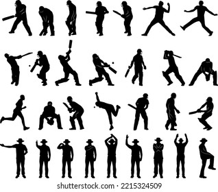 Collection of black silhouettes of cricket players. Character shadows.