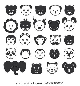 Collection of Black Silhouettes of Cute Animal Heads. Including Bear, Panda, Pig, Elephant.