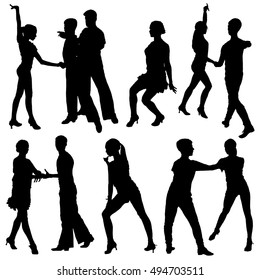 Collection of black silhouettes of dancing couples. Ballroom dancing. Pair.
