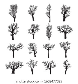 Collection of black silhouettes of dead, dried, bare or leafless trees and saplings isolated on white background. Bundle of natural graphic design elements. Elegant monochrome vector illustration.