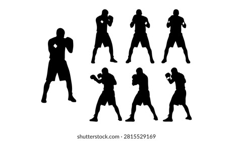 A collection of black silhouettes depicting boxing fighters in various fighting stances and poses, emphasizing movement and combat readiness.