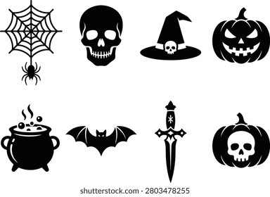 Collection of black silhouettes depicting classic Halloween imagery: skulls, pumpkins, witches, spiders, bats, and spooky cauldron for holiday graphics.