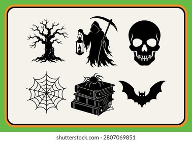 A collection of black silhouettes depicting classic Halloween imagery, including a grim reaper, skull, spiderweb, bat, bare tree, and stacked antique books.