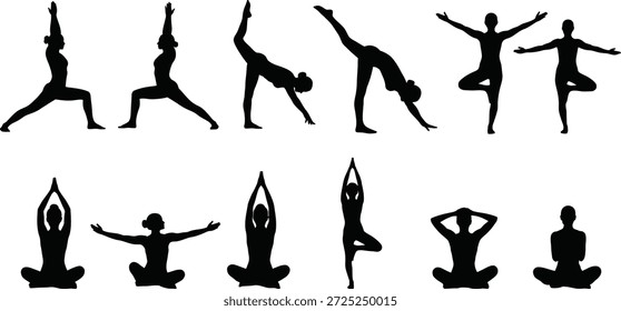 Una colección de siluetas negras que representan diferentes poses de yoga y actividades deportivas para el fitness y el bienestar.