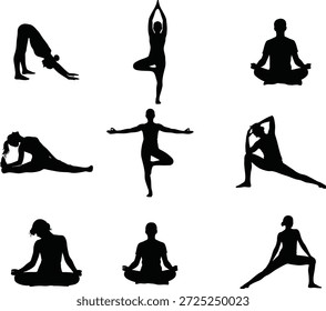 Uma coleção de silhuetas pretas retratando diferentes poses de ioga e atividades esportivas para a boa forma e bem-estar.