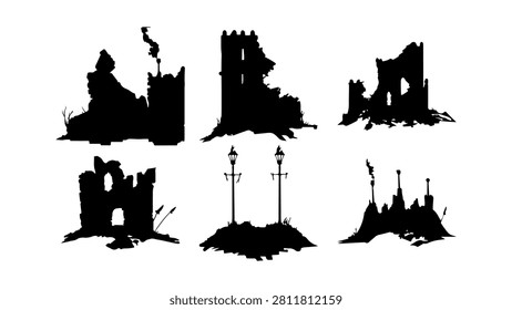 Collection of black silhouettes depicting different factory buildings, industrial plants, and manufacturing structures against a white background.