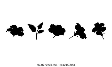 Collection of black silhouettes depicting different types of leafy plants and foliage, emphasizing natural shapes and botanical diversity.