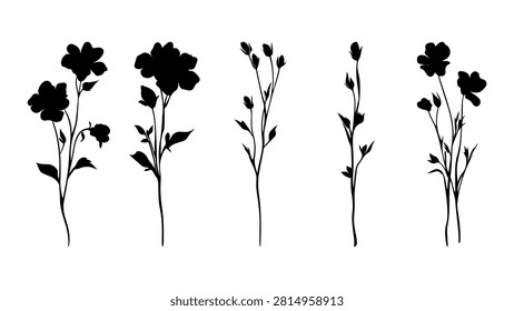 Collection of black silhouettes depicting different flowering plants with varying heights and blossom types, emphasizing botanical diversity.