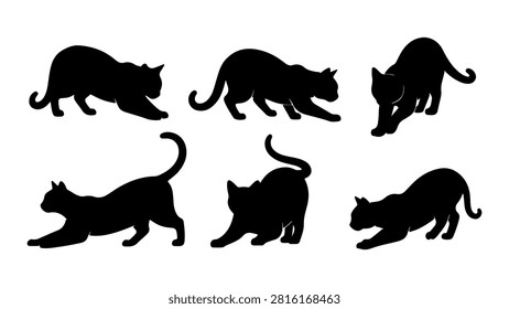 Collection of black silhouettes depicting different wild cats in various stances and movements, emphasizing their shapes and postures.