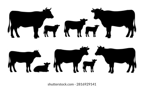 Collection of black silhouettes depicting different cattle and livestock animals in profile view, showcasing diversity in farm animals.