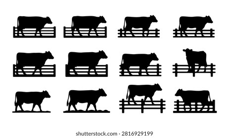 Collection of black silhouettes depicting different cattle breeds standing on fences, showcasing diversity in livestock and farm animals.