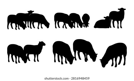 A collection of black silhouettes depicting different wild horses standing and grazing together in a natural setting.