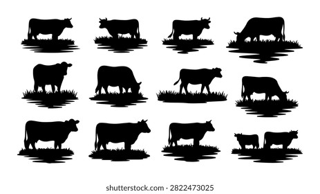 Collection of black silhouettes depicting different cattle and livestock animals in various poses and settings.