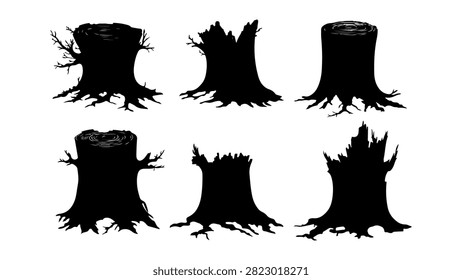 Collection of black silhouettes depicting different tree stumps and trunks with unique shapes and textures on plain background.