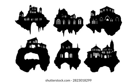 Collection of black silhouettes depicting different historic castles and fortresses with diverse architectural features.