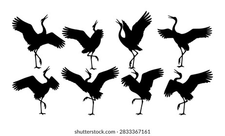 A collection of black silhouettes depicting different bird species flying in various postures and formations.