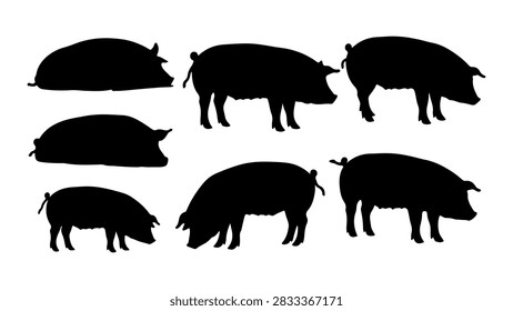 Collection of black silhouettes depicting different wild boars and domestic pigs in various stances and movements.