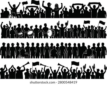 A collection of black silhouettes depicting a diverse crowd of people celebrating, protesting, and cheering with flags, drums, and raised hands on a pure white background