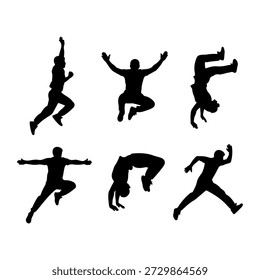 A collection of black silhouettes depicting dynamic athletic movements, including jumping, running, and acrobatic flips against a white background.