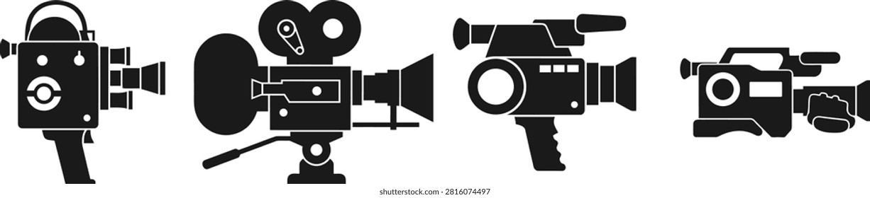 A collection of black silhouettes depicting the progression of film and video cameras, from classic movie cameras to modern camcorders.