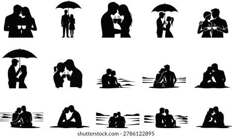 A collection of black silhouettes depicting romantic couples in various intimate poses, including holding umbrellas, drinking coffee, and sitting on a beach, isolated on a white background.