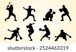 A collection of black silhouettes depicting various baseball players in action, showing positions like batting, pitching, catching, and fielding, set against a light background.