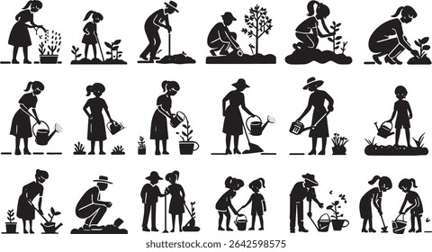 Collection of black silhouettes depicting various people gardening.  Isolated on white background. Perfect for illustrating gardening, teamwork, or nature themes. Vector illustration.
