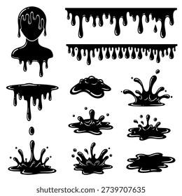Collection of black silhouettes depicting various liquid splashes and drips on a white background, showcasing different shapes and forms.
