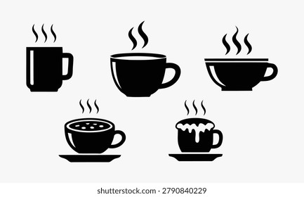 A collection of black silhouettes depicting various hot cups of coffee and tea, with steam rising, on a clean white background for food and drink themes