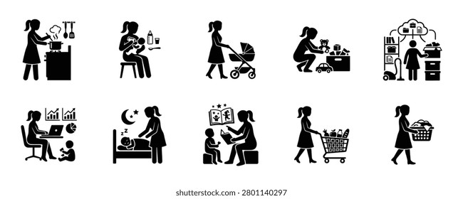 A collection of black silhouettes depicting various daily activities and household chores performed by people in different settings.