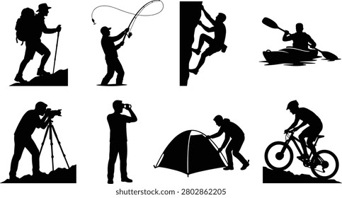 A collection of black silhouettes depicting various outdoor activities and extreme sports for nature lovers. Ideal for travel branding, fitness brochures, and lifestyle-themed graphic design projects.
