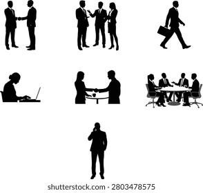 A collection of black silhouettes depicting various business scenarios. These include two men shaking hands, a group of three people in discussion, a man walking with a briefcase, a woman working on a laptop, a man and woman shaking hands over a coffee table, a group of people in a meeting around a table, and a man talking on a phone. The images are presented on a white background.