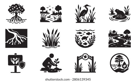 Collection of black silhouettes depicting various wetland and nature-related icons