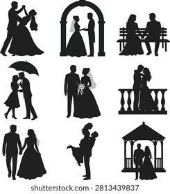 A collection of black silhouettes depicting various romantic wedding poses and scenes with couples in bridal attire.