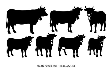 Collection of black silhouettes depicting various cattle breeds in different poses and sizes, showcasing diversity in bovine species.