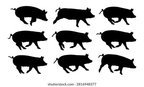 Collection of black silhouettes depicting various wild boars in different stances and movements, isolated on a white background.