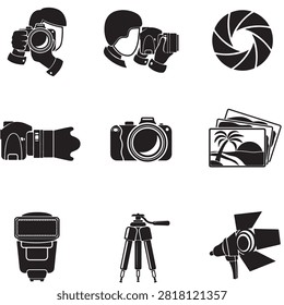 A collection of black silhouettes depicting various photography equipment against a plain white background.