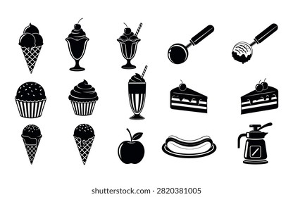 A collection of black silhouettes depicting various desserts, ice cream, sweets, and food items against a clean white background.