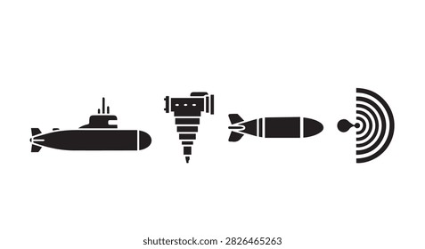 Collection of black silhouettes depicting various marine and submarine equipment including ships, torpedoes, submarines, and sonar devices.