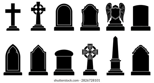 A collection of black silhouettes depicting various tombstone shapes, religious symbols like crosses and angel wings, set against a clean white background.