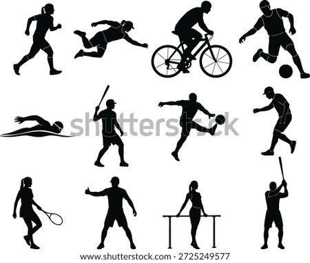 A collection of black silhouettes depicting various sports and athletic activities, including running, cycling, swimming, and more.