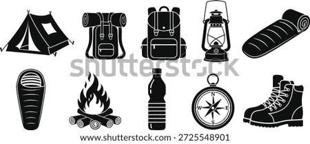 A collection of black silhouettes depicting various camping and hiking equipment on a white background