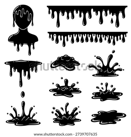 Collection of black silhouettes depicting various liquid splashes and drips on a white background, showcasing different shapes and forms.