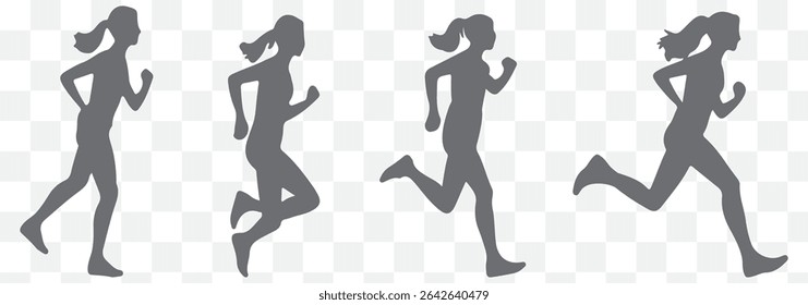 Collection of black silhouettes depicting women running in various athletic poses. eps 10