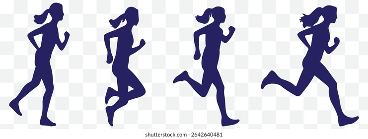 Collection of black silhouettes depicting women running in various athletic poses. eps 10