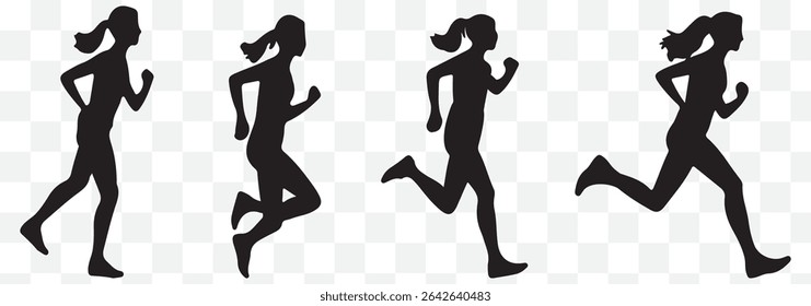 Collection of black silhouettes depicting women running in various athletic poses. eps 10