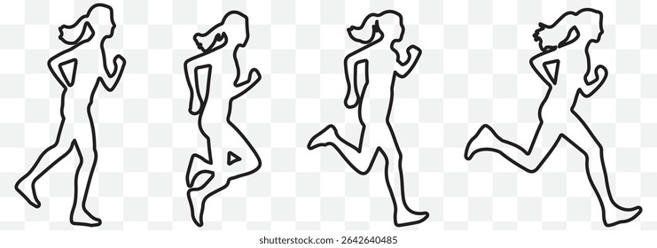 Collection of black silhouettes depicting women running in various athletic poses. eps 10